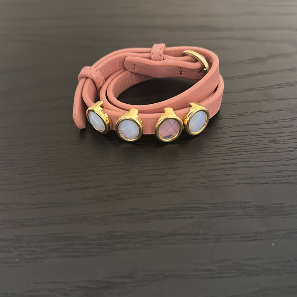 White Chalcedony Bracelet Goldtone Pink Leather Wrap Adjustable Bracelet